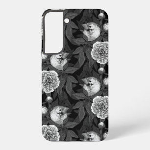 鳥牡丹の花モノクロ灰色 SAMSUNG GALAXY S22+ケース