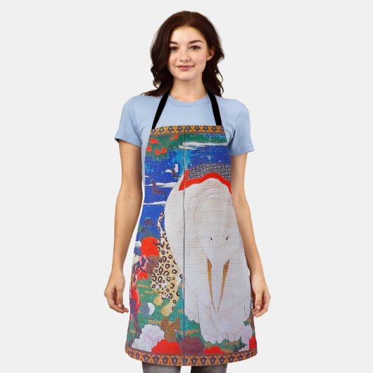 鳥獣・花草図右 エプロン (着用した状態)