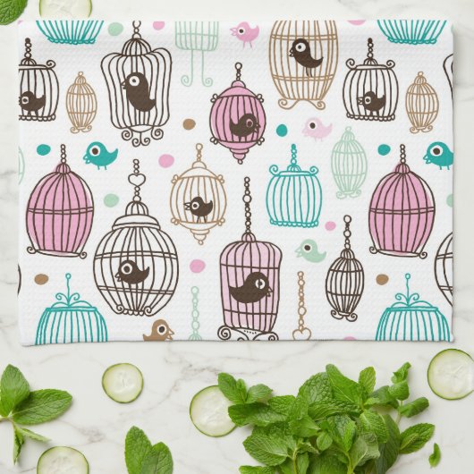 鳥籠愛は背景パターンをからかいます キッチンタオル (折り畳み)