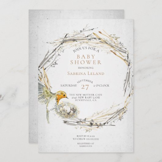 鳥素朴と巣の水の色の赤ちゃんシャワー 招待状 (正面/裏面)