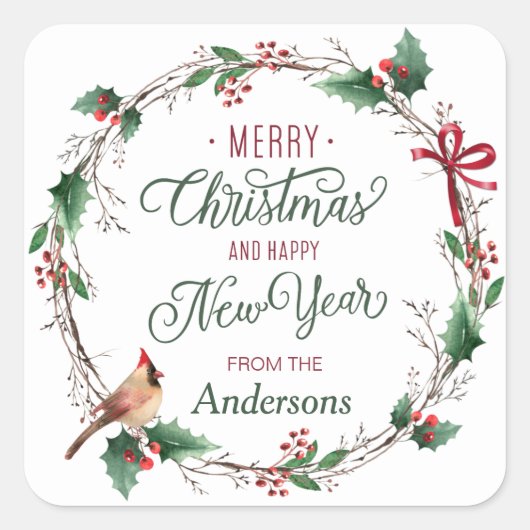 鳥素朴付きホリーベリーリースパーソナライズされた スクエアシール (正面)