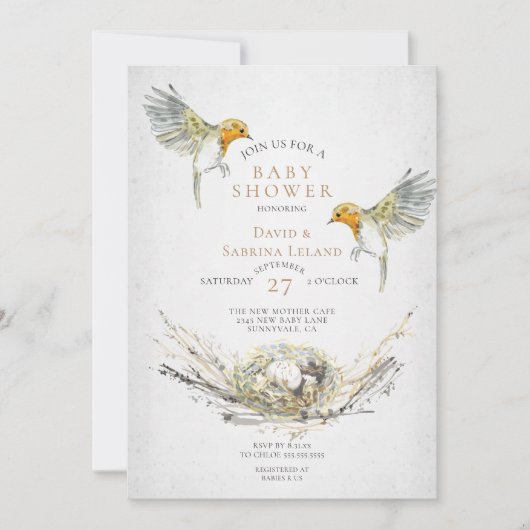 鳥素朴巣の水の色カップルの赤ちゃんシャワー 招待状 (正面)