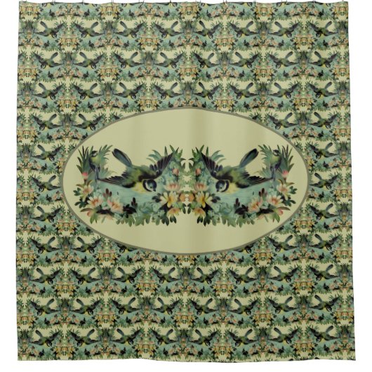 鳥花ヴィンテージ シャワーカーテン (正面)