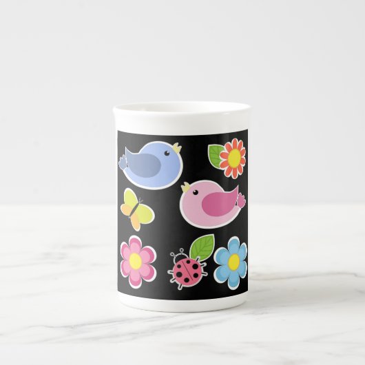 鳥花文様 ボーンチャイナマグカップ (正面)