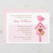 鳥誕生日招待状（ピンクの1歳の誕生日） 招待状 (正面/裏面)