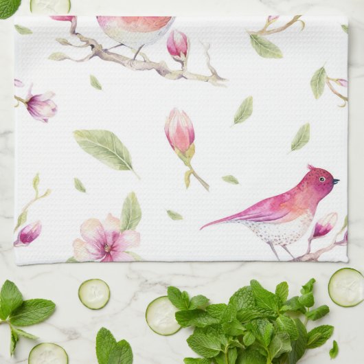 鳥類とホオノキ キッチンタオル (折り畳み)