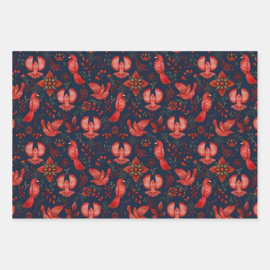 鳥類植物樹林動物青い赤のパターン ラッピングペーパーシート (正面2)