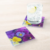 鳥風呂に露を浮かべたパンジーの花 ガラスコースター (アングル)