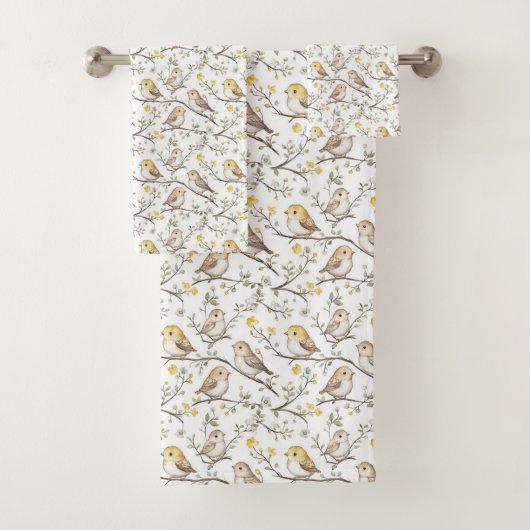 鳥魅力的と花の模様 バスタオルセット (インサイチュ)