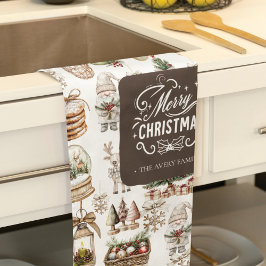 鳥魅力的と贈り物が集まる冬の景色 キッチンタオル