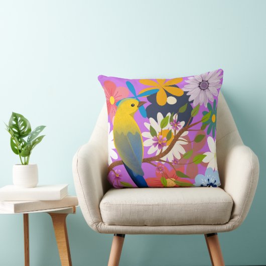 鳥鮮やかと花の模様 – カラフル自然 クッション (椅子)