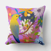 鳥鮮やかと花の模様 – カラフル自然 クッション (正面)