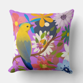 鳥鮮やかと花の模様 – カラフル自然 クッション