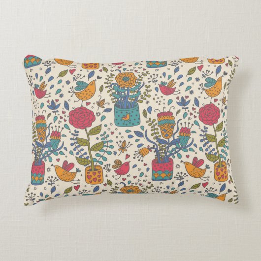 鳥2が付いている漫画の花パターン アクセントクッション (正面)