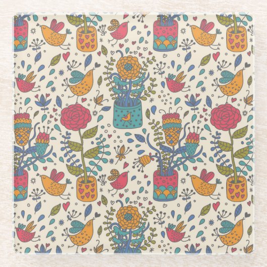 鳥2が付いている漫画の花パターン ガラスコースター (正面)