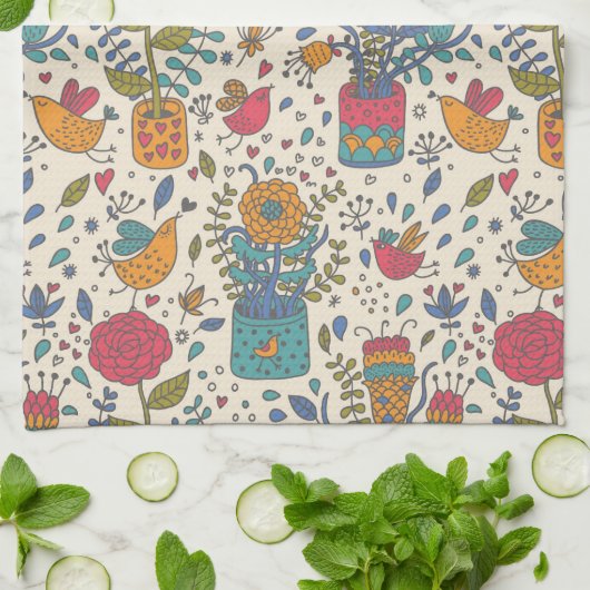 鳥2が付いている漫画の花パターン キッチンタオル (折り畳み)