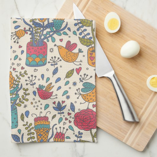 鳥2が付いている漫画の花パターン キッチンタオル (四つ折り)