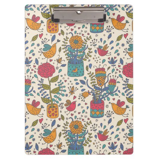 鳥2が付いている漫画の花パターン クリップボード (正面)