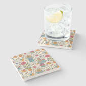 鳥2が付いている漫画の花パターン ストーンコースター (横)