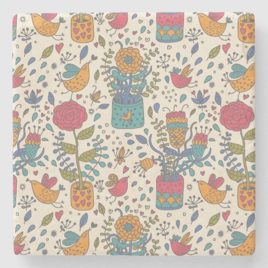 鳥2が付いている漫画の花パターン ストーンコースター (正面)