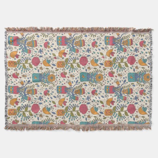 鳥2が付いている漫画の花パターン スローブランケット (正面)