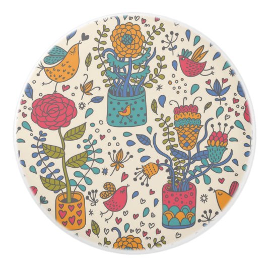 鳥2が付いている漫画の花パターン セラミックノブ (正面)