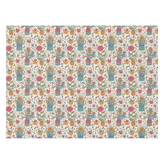 鳥2が付いている漫画の花パターン テーブルクロス (正面(横))