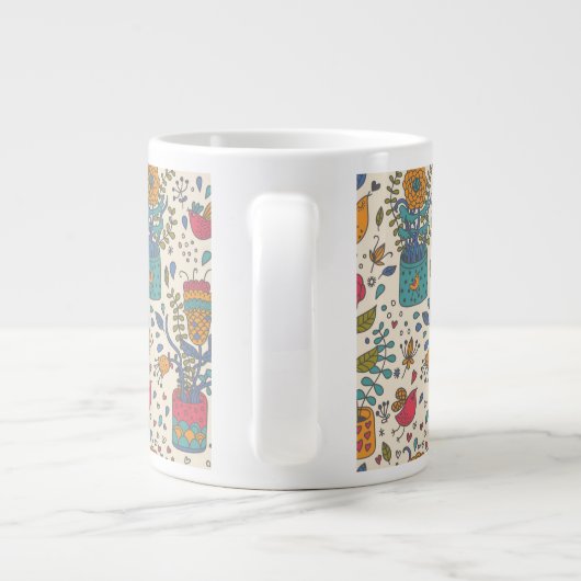 鳥2を使った漫画の花柄 ジャンボコーヒーマグカップ (裏面)