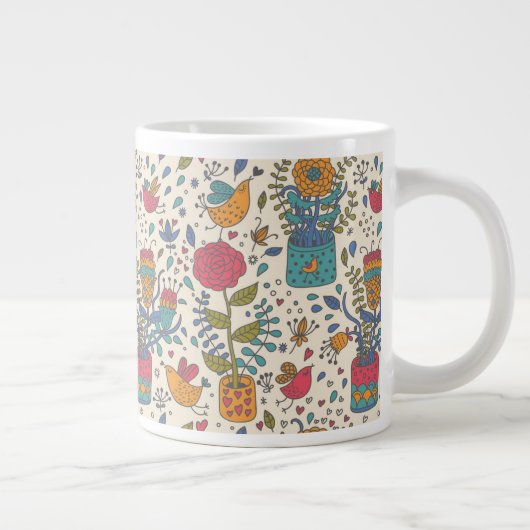 鳥2を使った漫画の花柄 ジャンボコーヒーマグカップ (右)