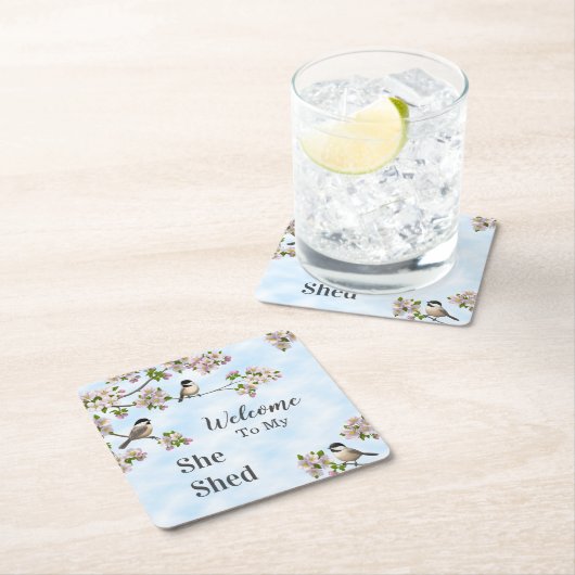 《鳥》アメリカゴガラとリンゴの花がパーソナライズされた スクエアペーパーコースター (インサイチュ)