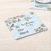 《鳥》アメリカゴガラとリンゴの花がパーソナライズされた スクエアペーパーコースター (アングル)