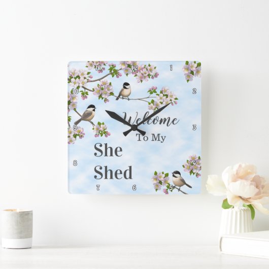 《鳥》アメリカゴガラとリンゴの花がパーソナライズされた スクエア壁時計 (ホーム)