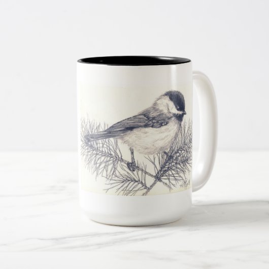 《鳥》アメリカゴガラの鉛筆のスケッチのコーヒーのマグ ツートーンマグカップ (正面右)