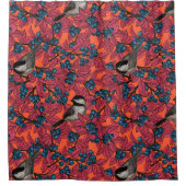 《鳥》アメリカゴガラの鳥のオレンジのブルーベリーの枝 シャワーカーテン (正面)