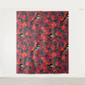 《鳥》アメリカゴガラの鳥のオレンジのブルーベリーの枝 タペストリー (正面)