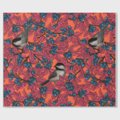 《鳥》アメリカゴガラの鳥のオレンジのブルーベリーの枝 ラッピングペーパー (フラット)