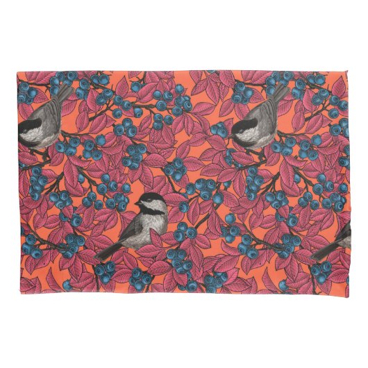 《鳥》アメリカゴガラの鳥のオレンジのブルーベリーの枝 枕カバー (正面)