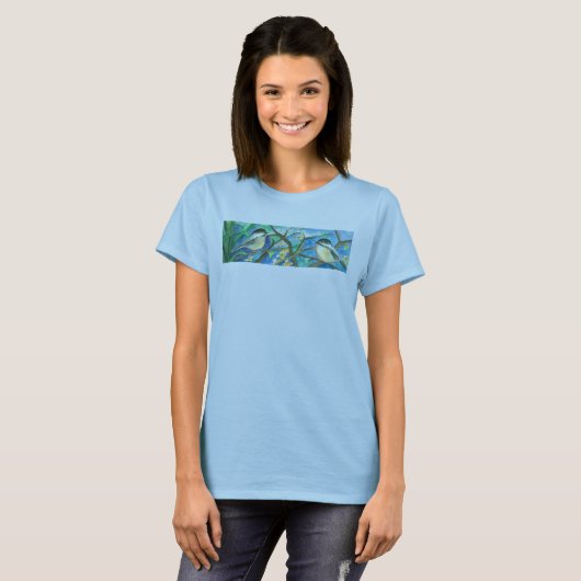《鳥》アメリカゴガラの鳥の木の水色絵を描の Tシャツ (正面フル)