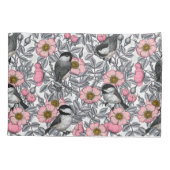 《鳥》アメリカゴガラは野生のバラ、ピンクとグレー 枕カバー (裏面)