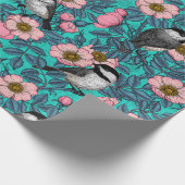 《鳥》アメリカゴガラは野生のバラ、ピンクと青 ラッピングペーパー (角)