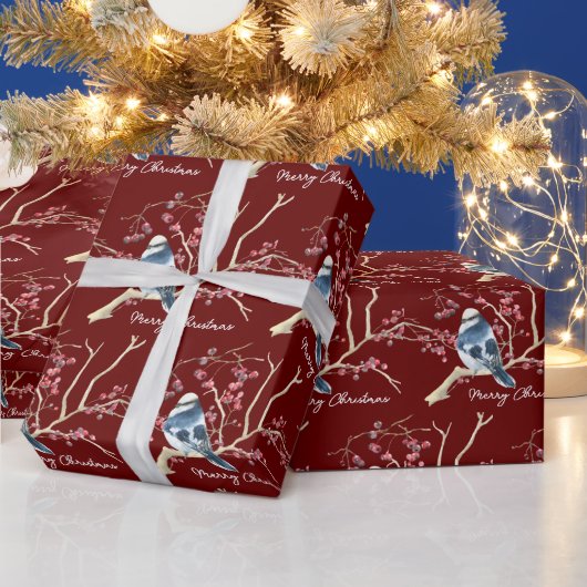 《鳥》アメリカゴガラインクリスマスベリー ラッピングペーパー (クリスマス)
