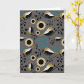 《鳥》アメリカゴガラフラワーズベリーグレーブラックティール(緑がかった色)金ゴールド カード (黄色い花)