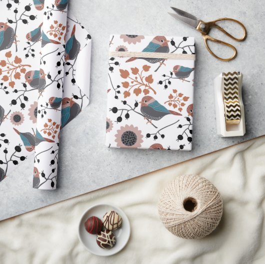 《鳥》アメリカゴガラフローラルパターンマウブブルーピンク ラッピングペーパー (クラフト)