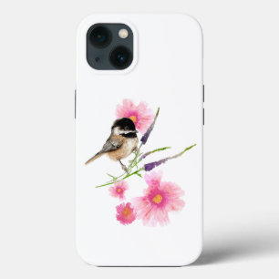 《鳥》アメリカゴガラブラックキャップ水色ピンクの花 iPhone 13ケース