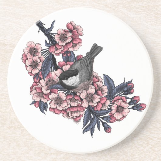 《鳥》アメリカゴガラ咲くさくらんぼ枝 コースター (正面)