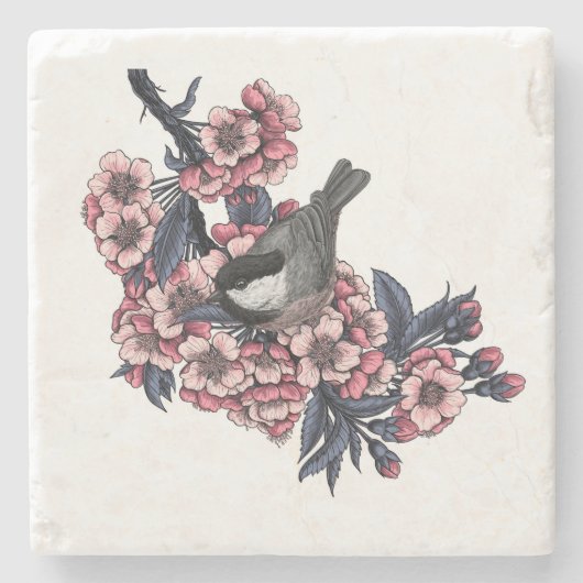 《鳥》アメリカゴガラ咲くさくらんぼ枝 ストーンコースター (正面)