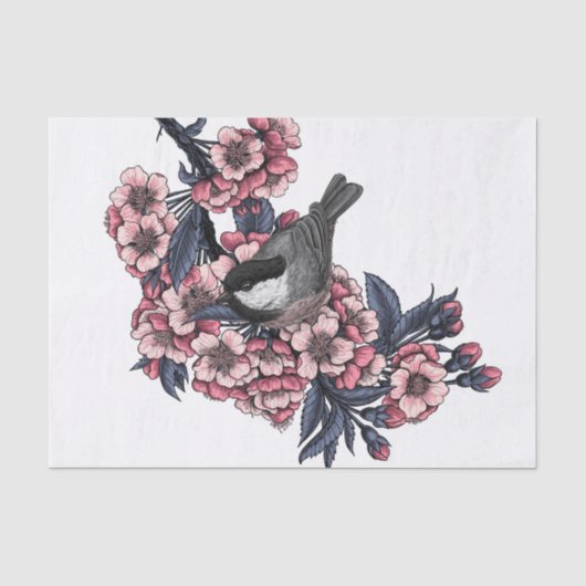 《鳥》アメリカゴガラ咲くさくらんぼ枝 薄葉紙 (正面)
