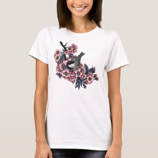 《鳥》アメリカゴガラ咲くさくらんぼ枝 Tシャツ (正面)
