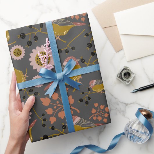 《鳥》アメリカゴガラ金ゴールドピンクブラックベリー花パターン ラッピングペーパー (ギフト)