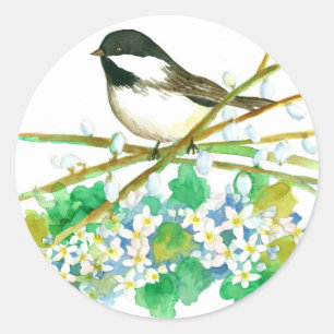《鳥》アメリカゴガラ鳥の花のカタキンスヤナギの枝 ラウンドシール